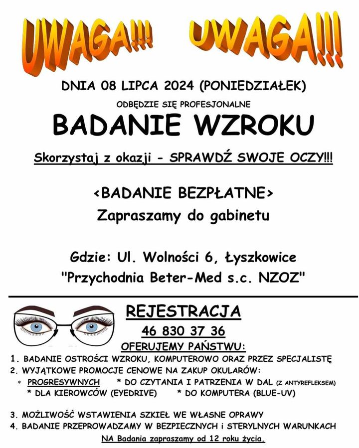 bezpłatne badanie wzroku Łyszkowice